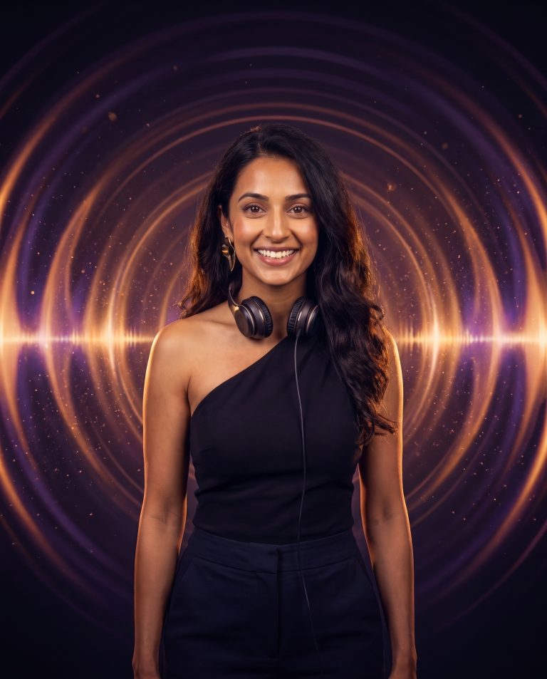 A guest stands at the center of a dark chamber where sound has become visible.