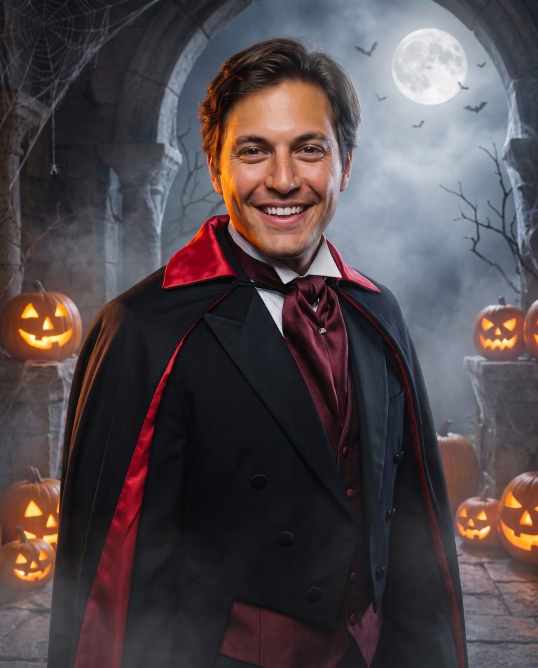 A guest in elegant evening dress in a candlelit hall, pale-eyed with delicate vampire fangs just showing.