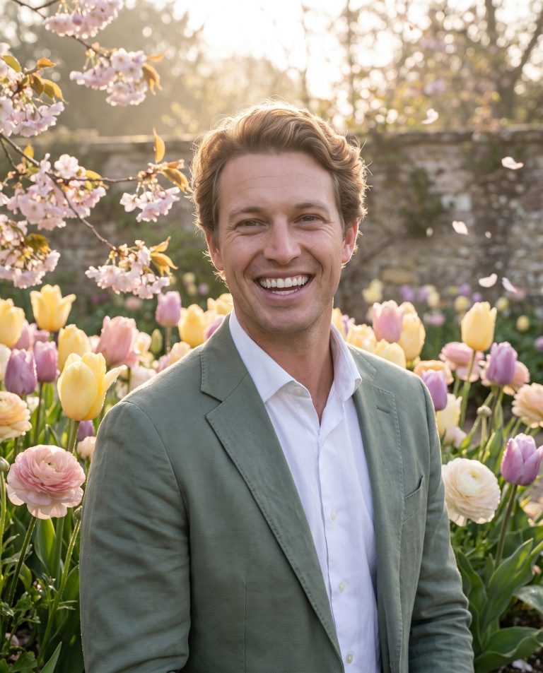 A guest stands in an English garden at soft morning light in full spring bloom, banks of pale tulips.