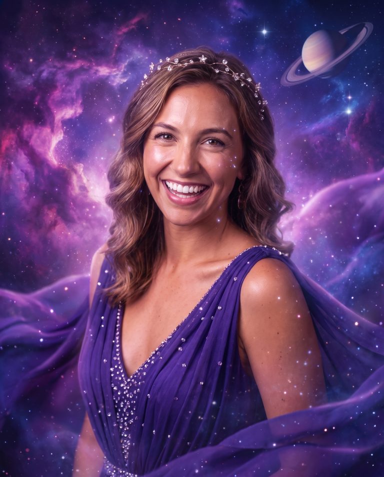 A guest floating at the center of a vast cosmic expanse of swirling violet and gold starlight.