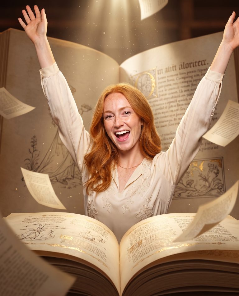 A guest stands in the center of an enormous open book.