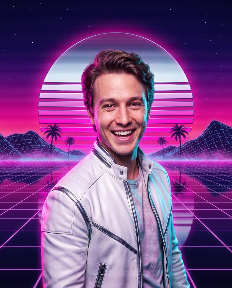 A guest stands on an endless glossy grid plane stretching to a flat horizon.