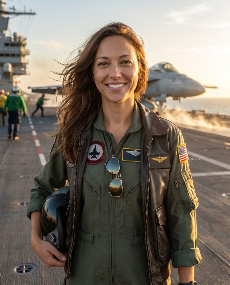 A guest stands on the flight deck of an aircraft carrier at golden hour, wind whipping across the deck.