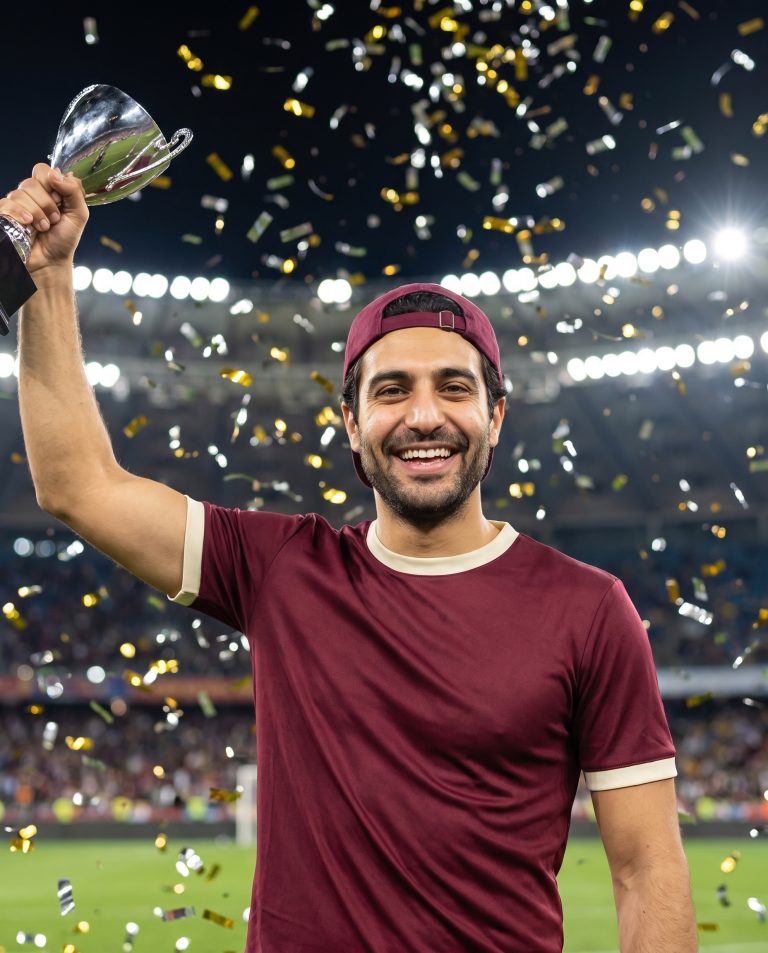 A guest stands at the center of a championship celebration on the field.