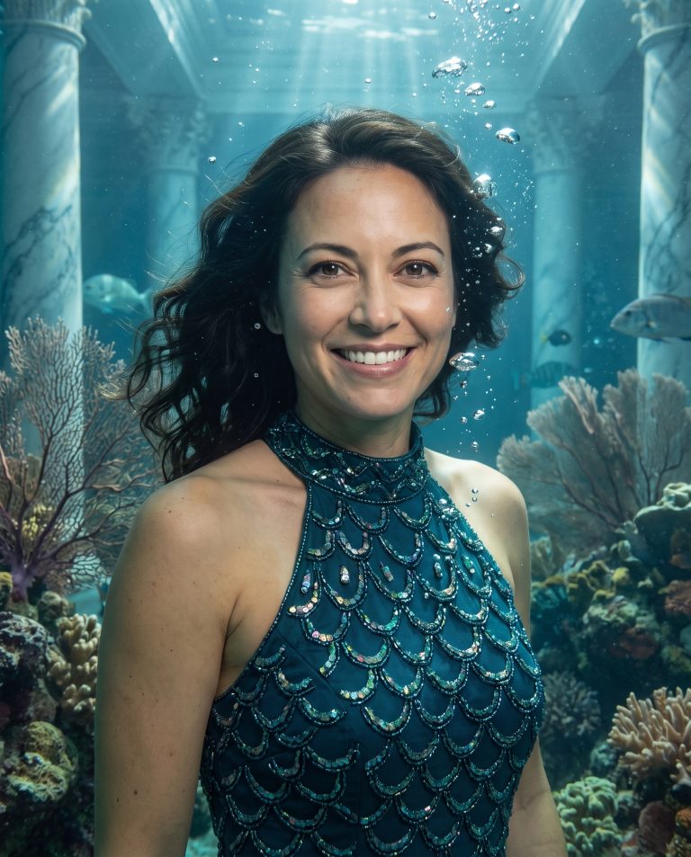 A guest stands inside a grand ballroom deep beneath the ocean.
