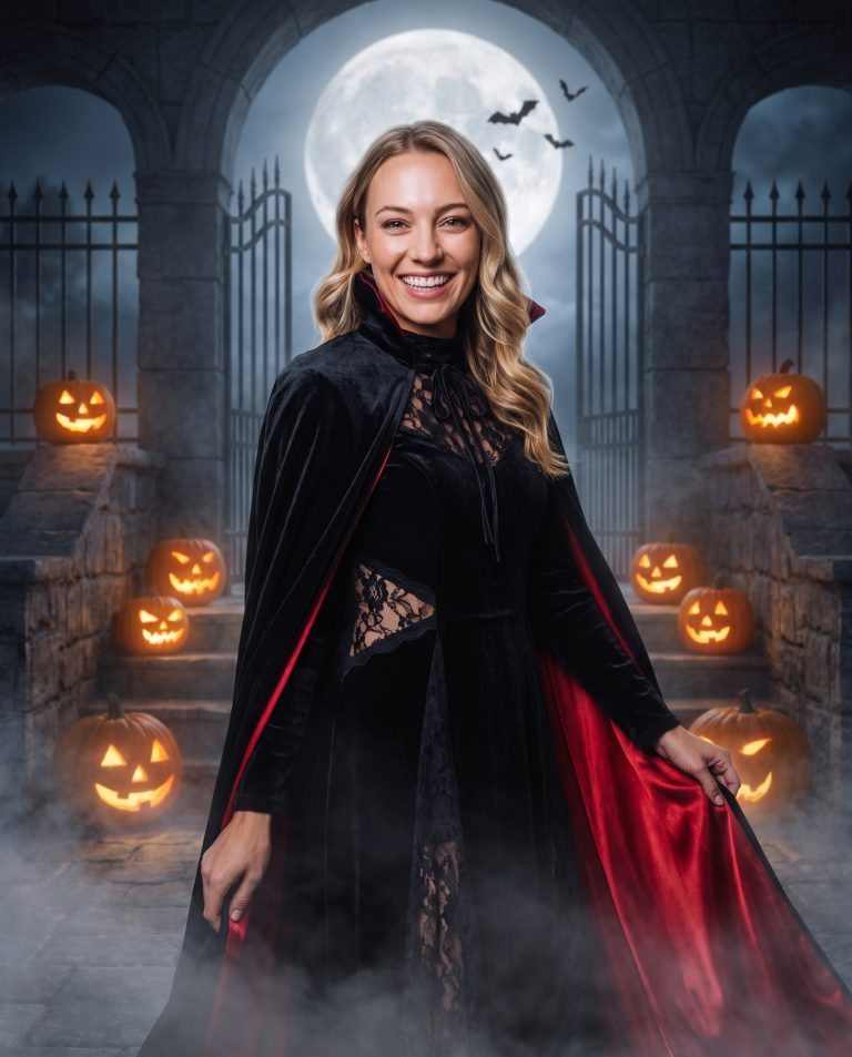 A guest in elegant evening dress in a candlelit hall, pale-eyed with delicate vampire fangs just showing.