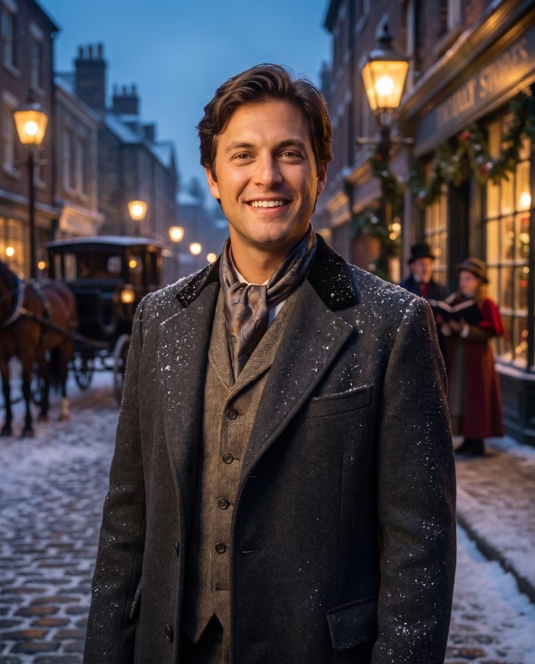 A guest stands on a snowy Victorian cobblestone street at dusk.
