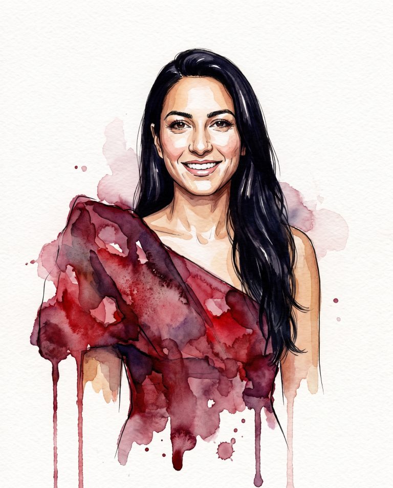 A guest is rendered as a high-fashion watercolor illustration on heavy cold-press paper.