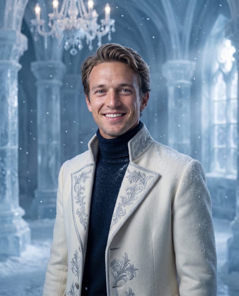 A guest stands inside a palace hall carved entirely from ice, translucent crystal columns.