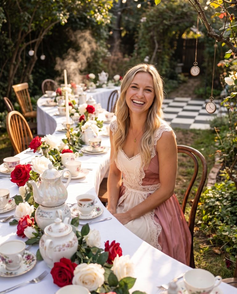 A guest sits at an impossibly long outdoor tea table winding away through an overgrown garden.