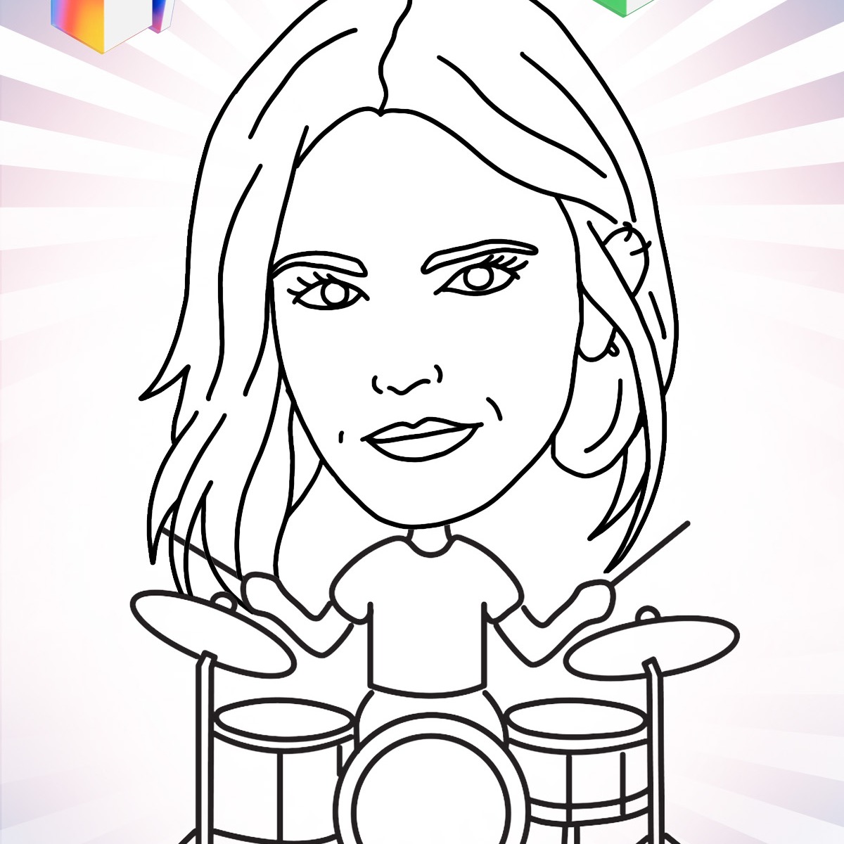 A pen-line caricature of a smiling woman playing a drum kit, drawn in one continuous outline