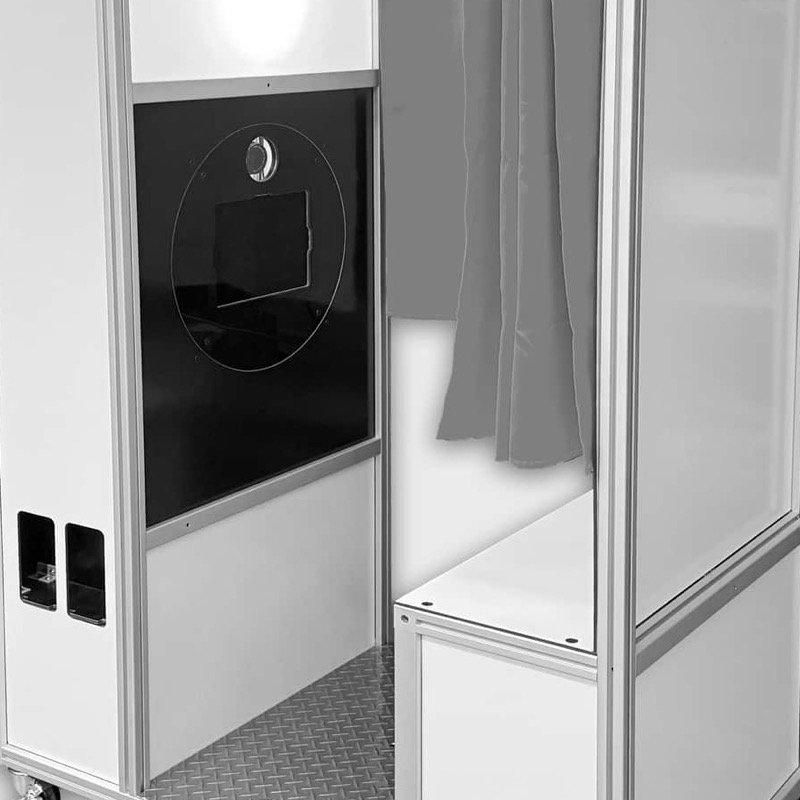 Enclosed classic photo booth with aluminum frame and gray privacy curtain