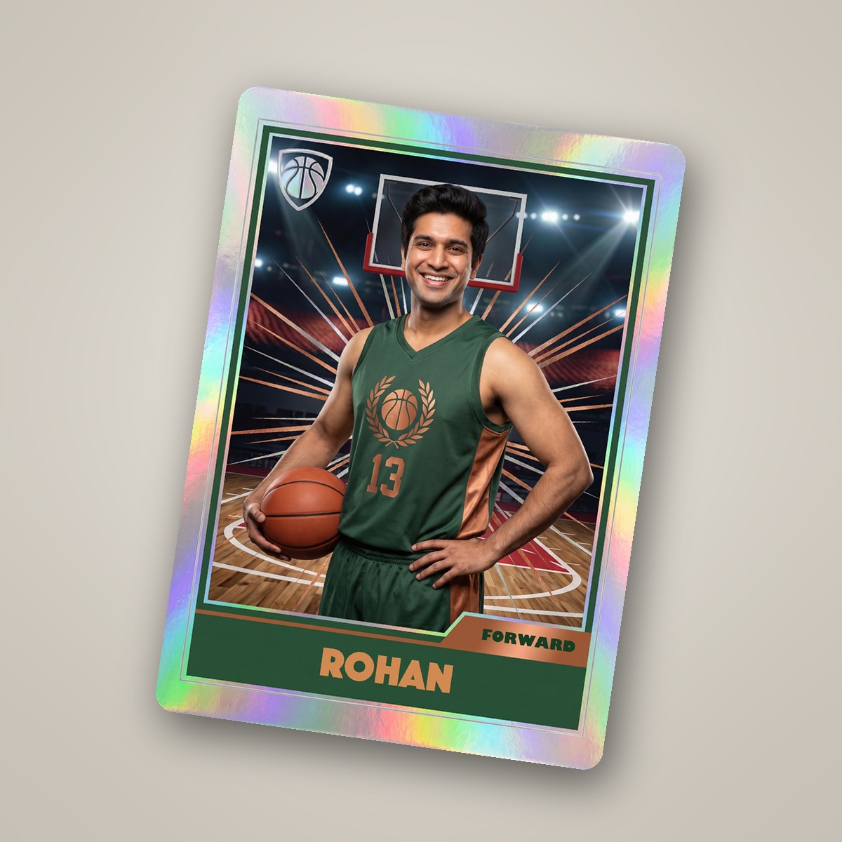 A single holographic basketball card lying on a light surface