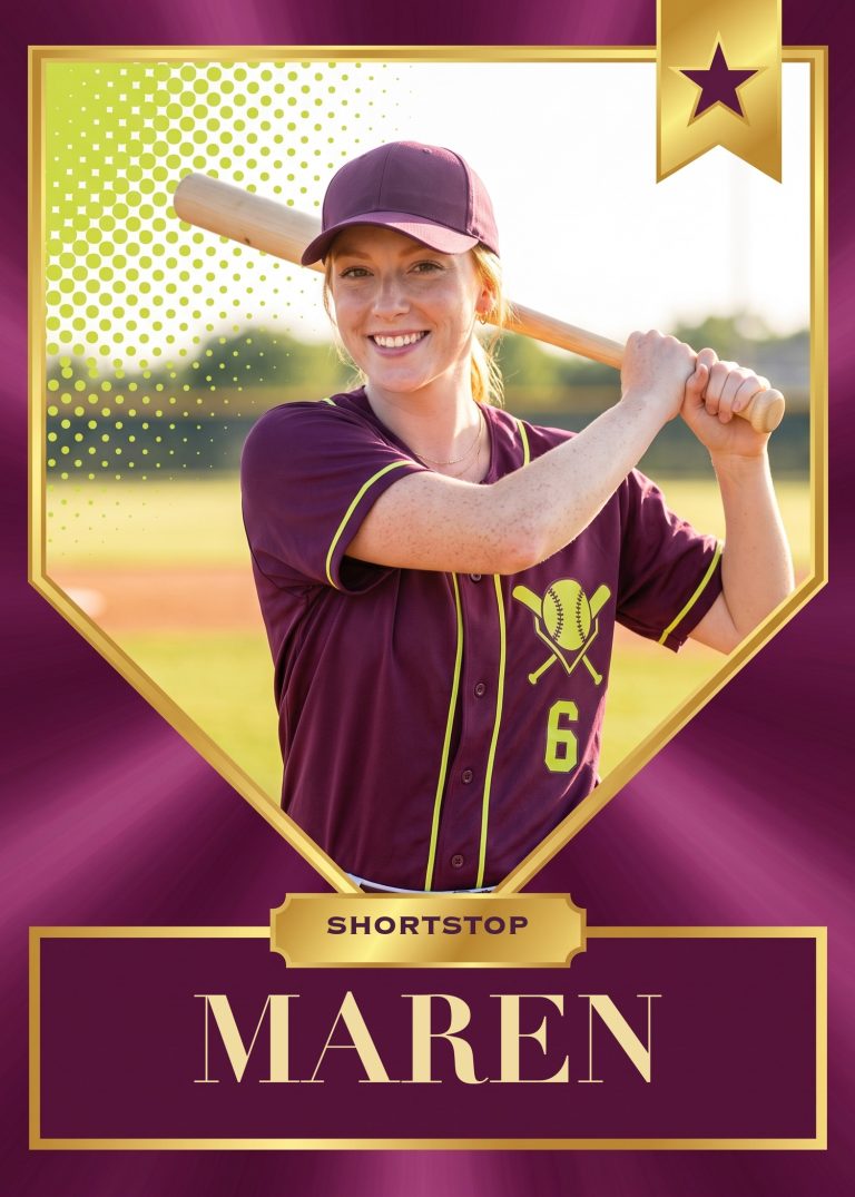A plum and gold baseball card of a red-haired woman in a plum uniform, number 6, holding a bat behind her head on a sunlit infield