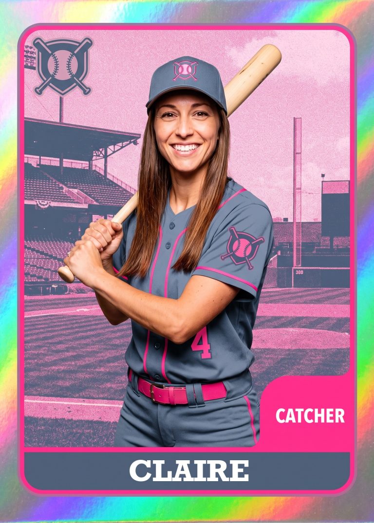 A rainbow-foil baseball card of a woman in a slate and pink uniform, number 4, with a bat cocked over her shoulder against a pink-tinted ballpark