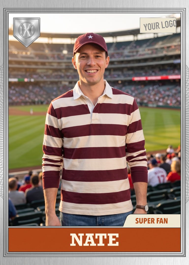A silver-framed baseball card of a man in a maroon striped rugby shirt and ballcap standing in the stands of a full ballpark, with a YOUR LOGO panel in the corner