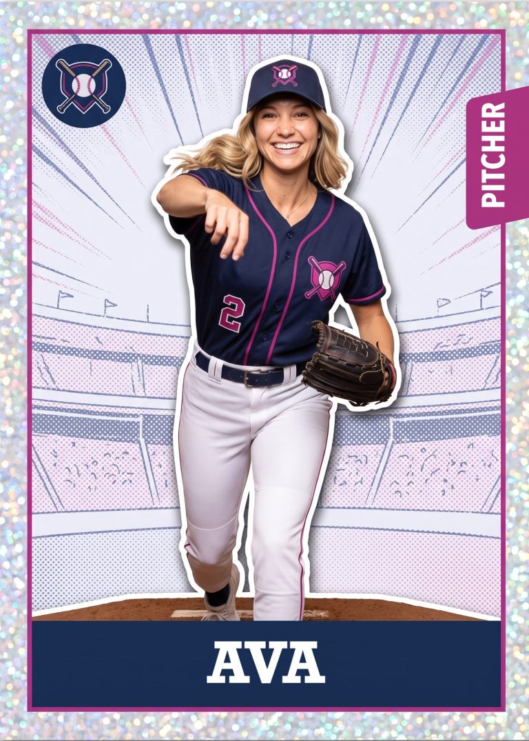 A sparkle-bordered baseball card of a woman in a navy and magenta uniform finishing a pitch, cut out over a pale illustrated stadium