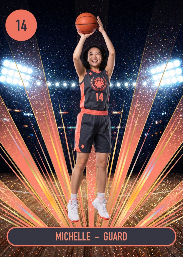 A basketball card of a woman in a charcoal and coral uniform, number 14, rising for a jump shot on a glittering court with coral light beams