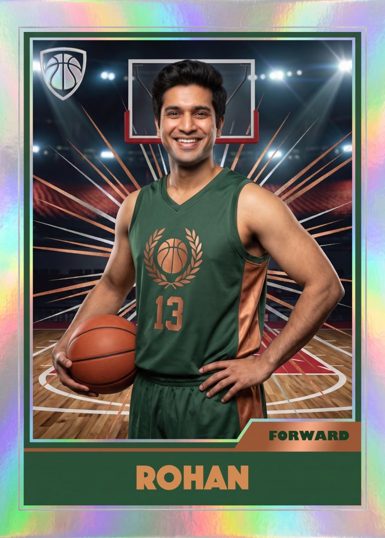 A holographic basketball card of a man in a green and copper uniform, number 13, holding a ball on his hip on an arena court under the backboard