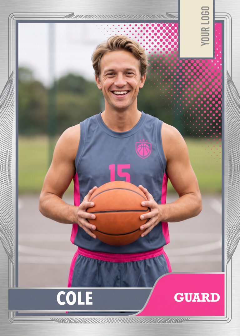 A silver-framed basketball card of a man in a slate and pink uniform, number 15, holding a ball in both hands on an outdoor court, with a YOUR LOGO tab