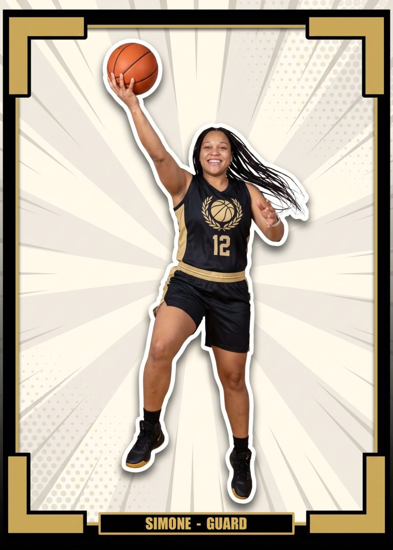 A cream and black basketball card of a woman in a black and gold uniform, number 12, leaping for a one-handed layup, cut out over pale sunbeams