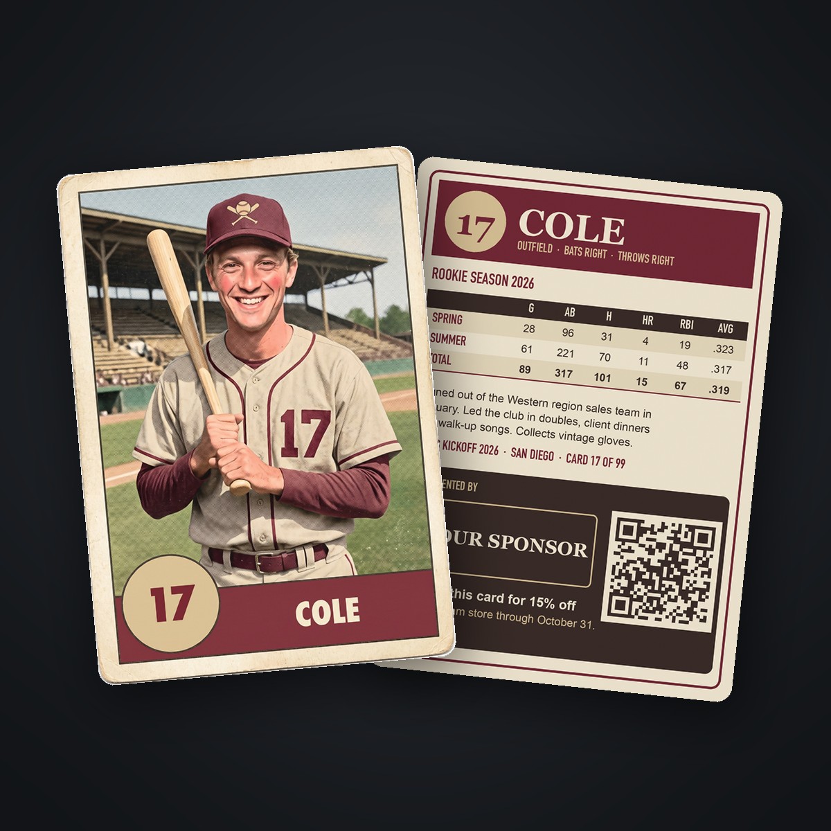 The front and back of a vintage-style baseball card: a player portrait numbered 17, and a stat table with a sponsor panel