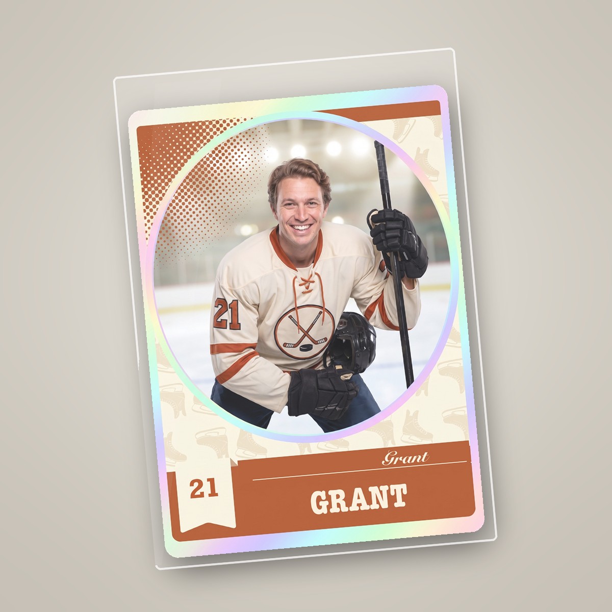 A hockey card inside a clear plastic sleeve that is open at the top