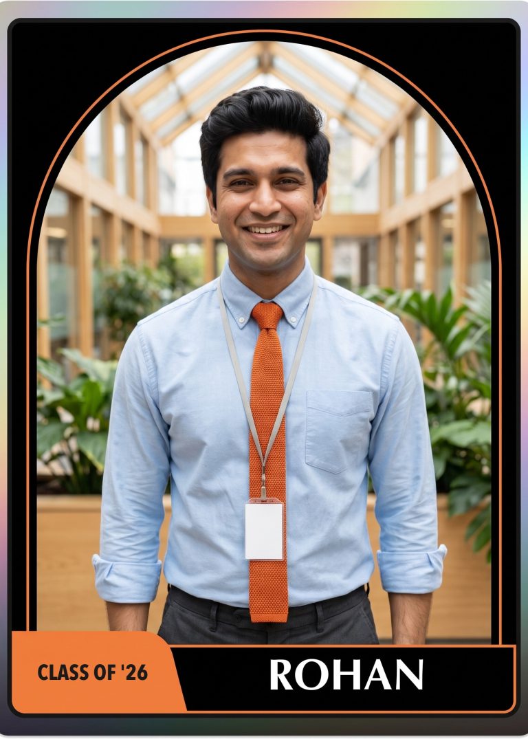 A black arched company card of a man in a light blue shirt, orange tie and lanyard in a plant-filled atrium, tagged CLASS OF '26