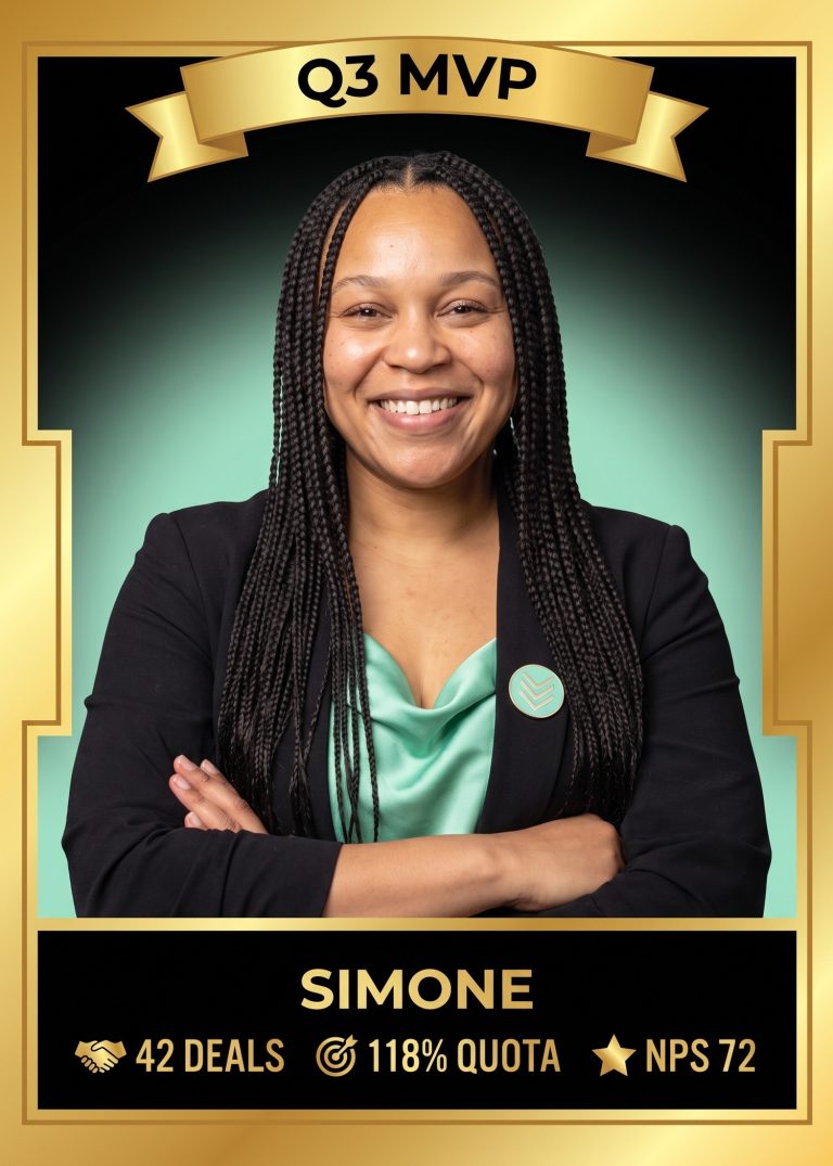 A black and gold company card under a Q3 MVP banner: a woman in a black blazer with her arms crossed, with deals closed, quota and NPS figures below