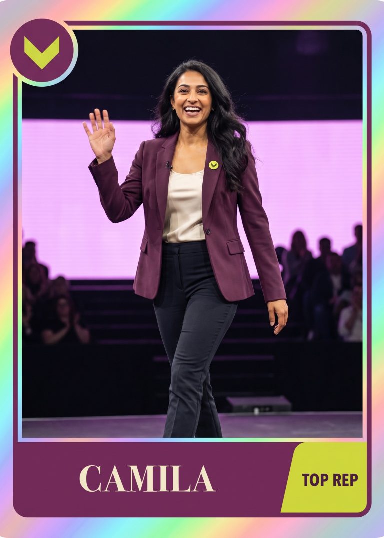 A holographic company card of a woman in a plum blazer waving as she walks across a conference stage, with a TOP REP tag