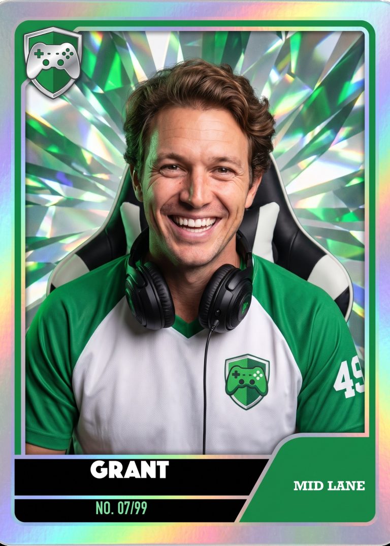 A holographic esports card of a laughing man in a green and white jersey with headphones around his neck, sitting in a gaming chair against a green crystal burst