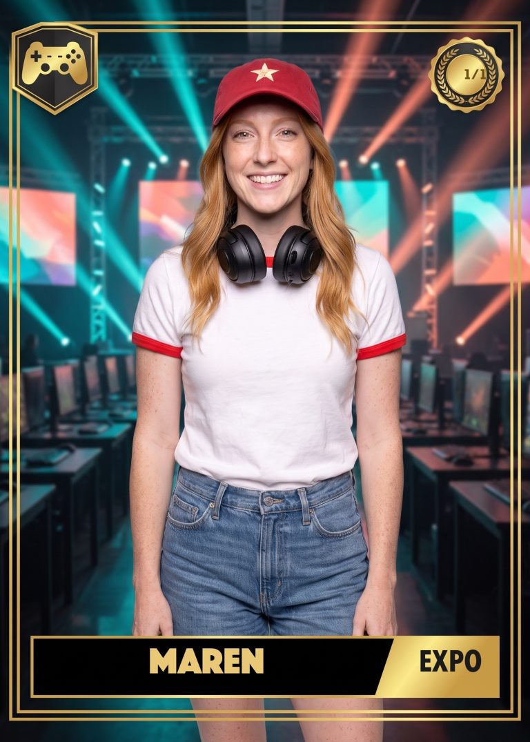 A black and gold esports card of a red-haired woman in a white ringer T-shirt and red ballcap with headphones around her neck on an expo floor lit by stage beams