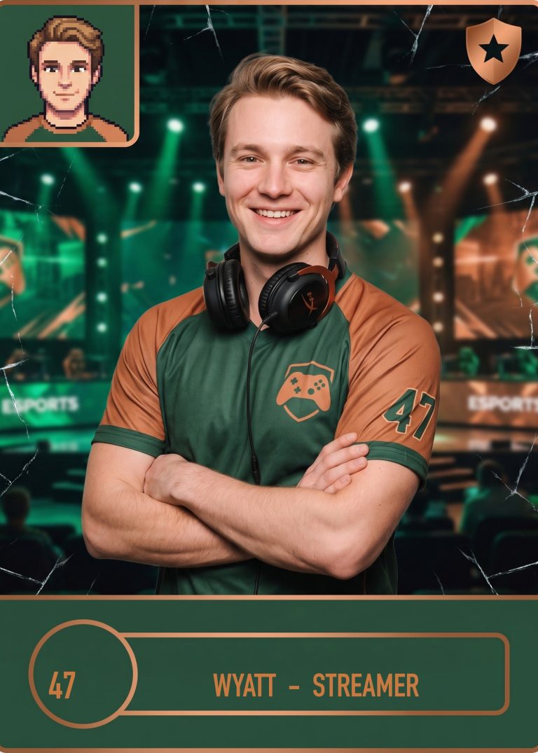 An esports card of a man in a green and copper jersey, number 47, arms crossed with headphones around his neck in an arena, with a pixel-art avatar in the corner
