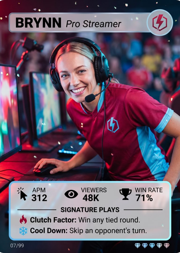 A game-style esports card of a woman in a headset and a red and blue jersey leaning over her mouse at a gaming rig, with actions per minute, viewers and win rate below