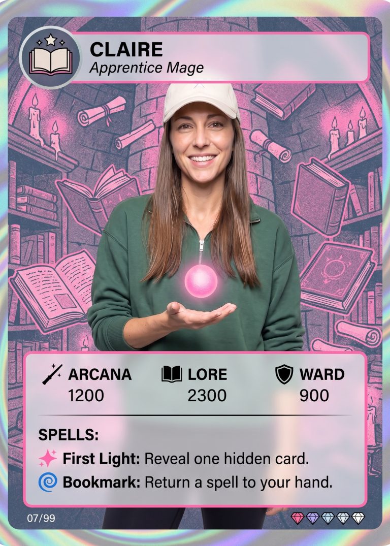 A holographic fantasy game card of a woman in a green quarter-zip and cream ballcap holding a glowing pink orb in an illustrated wizard's library, with spell text below