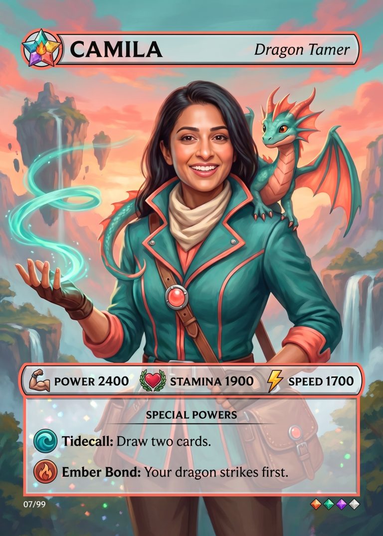 A painted fantasy game card of a woman in a teal jacket with a small red dragon on her shoulder, casting a swirl of light among floating islands