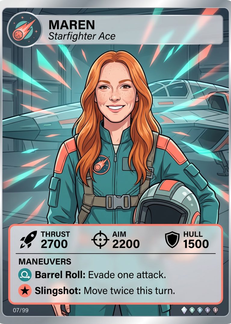 An illustrated sci-fi game card of a red-haired woman in a teal flight suit with a helmet under her arm in front of a starfighter, with thrust, aim and hull scores