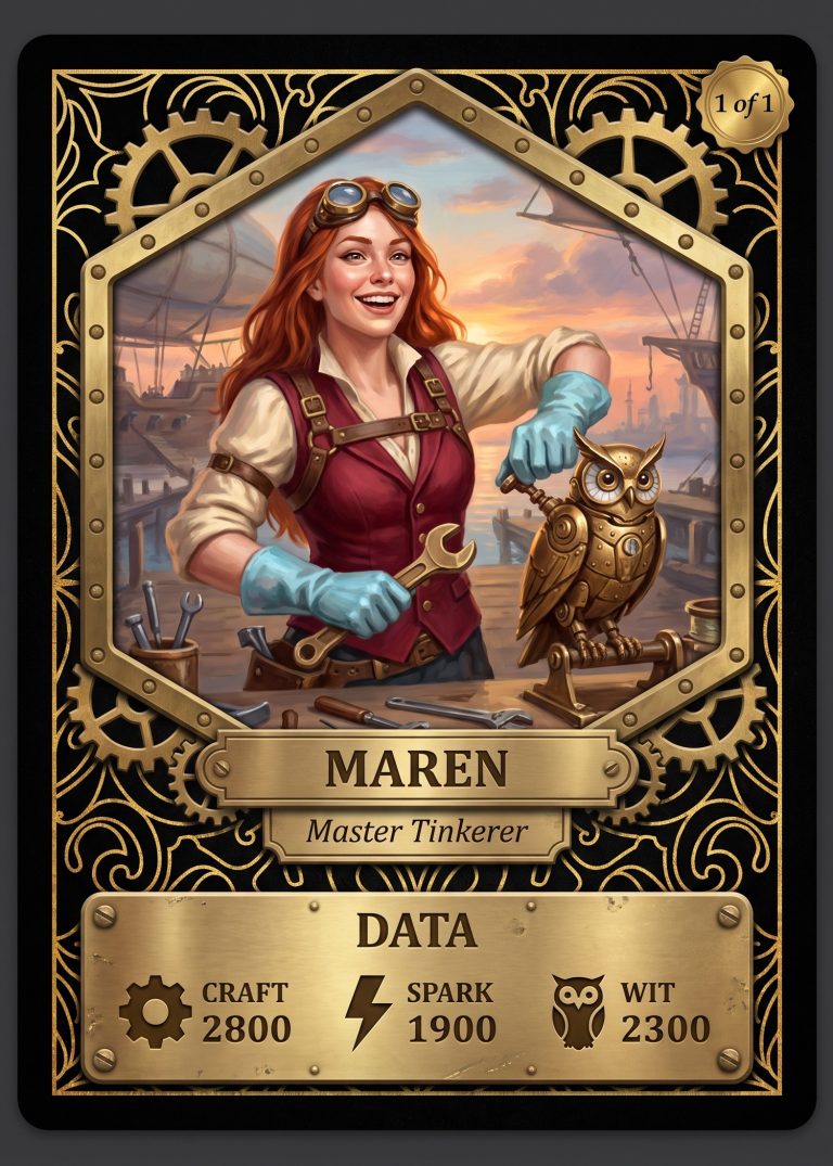 A black and brass steampunk card of a red-haired woman in goggles and a leather vest tightening a bolt on a brass mechanical owl