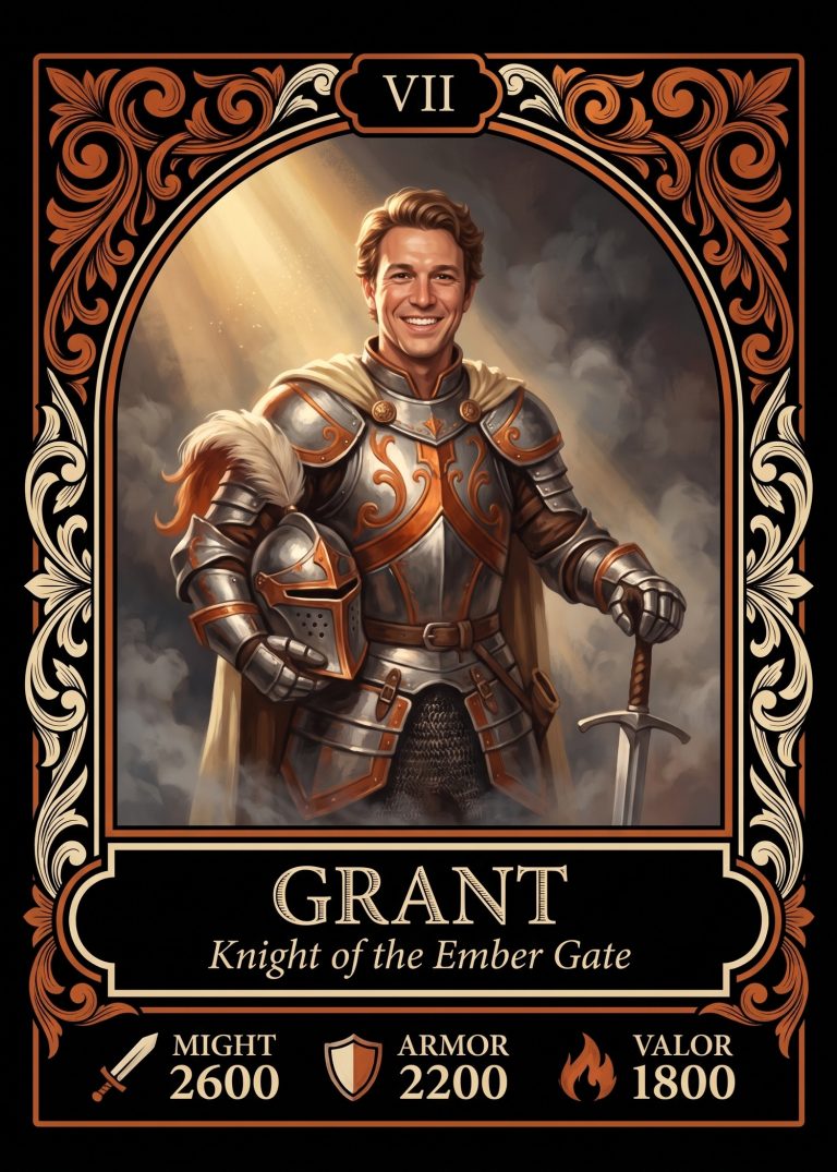 An ornate tarot-style fantasy card of a man in plate armor holding a sword, titled Knight of the Ember Gate, with might, armor and valor scores