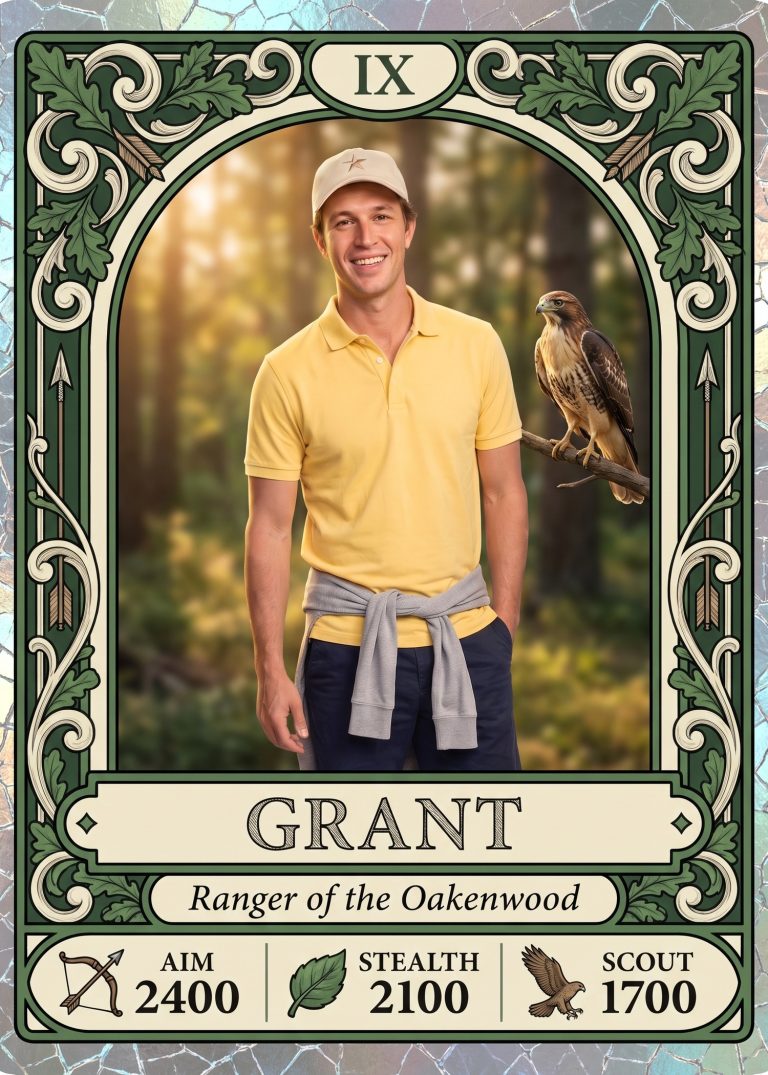A green tarot-style fantasy card of a man in a yellow polo and cream ballcap in a sunlit forest with a hawk perched beside him, titled Ranger of the Oakenwood
