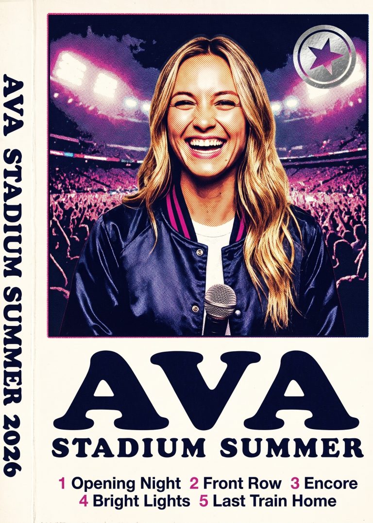 A cassette-cover card of a laughing woman in a satin bomber jacket holding a microphone in front of a stadium crowd, with a five-song track list