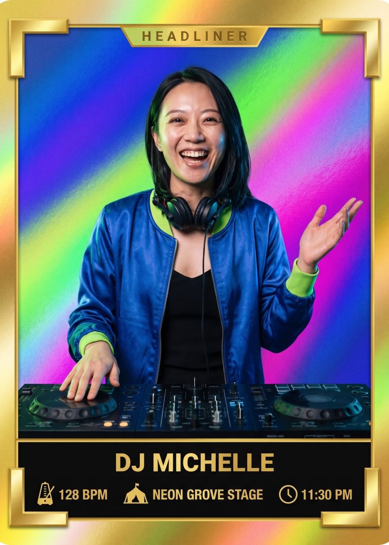 A gold and rainbow-foil festival card of a DJ in a blue satin jacket with headphones around her neck, one hand on the decks, with BPM, stage and set time below