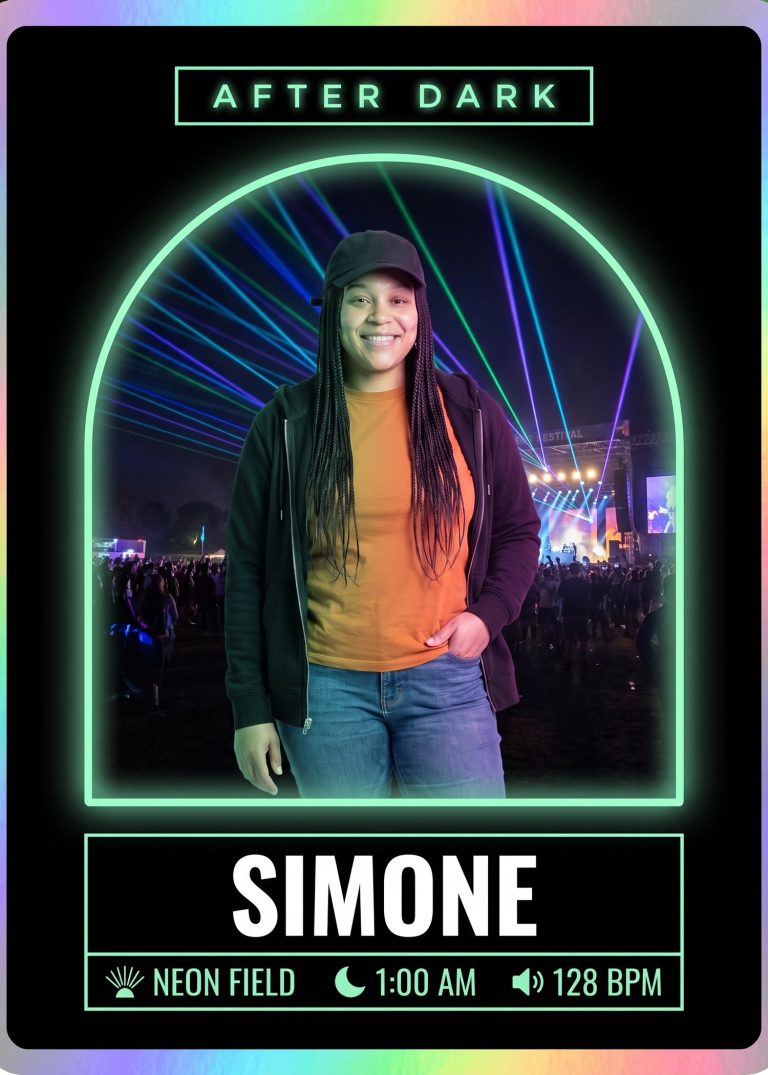 A black festival card with a neon mint arch around a woman in a ballcap, orange T-shirt and jeans at a night festival with laser beams over the crowd