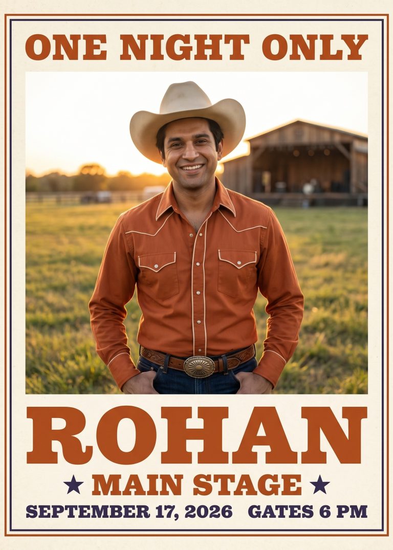 A concert-poster card reading ONE NIGHT ONLY: a man in a cowboy hat and rust western shirt in a field in front of a barn stage, with MAIN STAGE and the date below