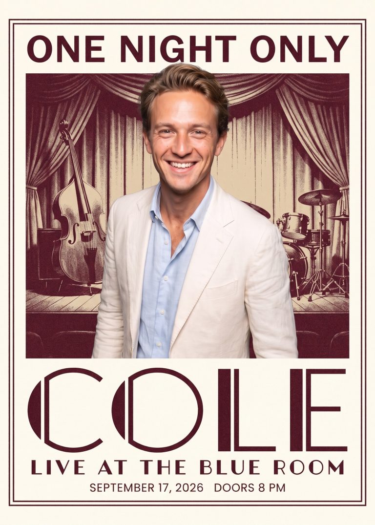 A two-color concert-poster card reading ONE NIGHT ONLY: a man in a cream blazer in front of a curtained stage with an upright bass and a drum kit