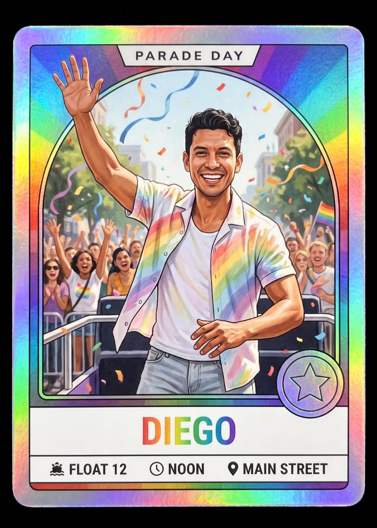 A rainbow-foil illustrated card of a man in a rainbow-striped shirt waving from a parade float with confetti and a cheering crowd behind him