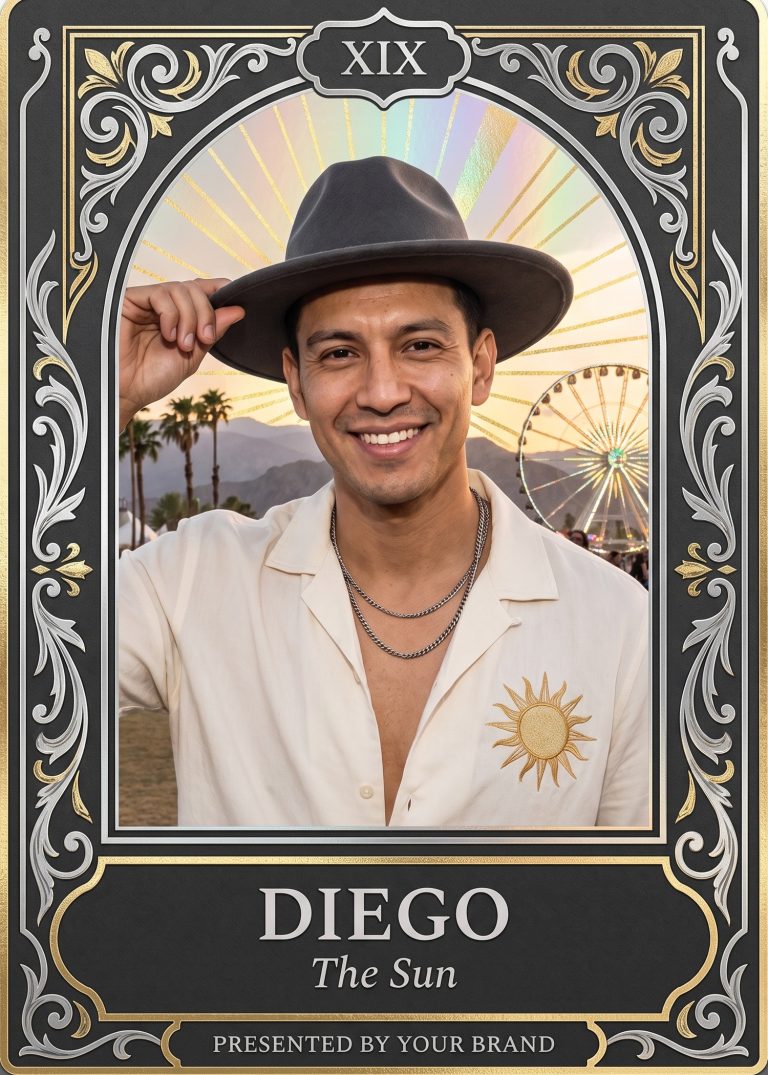 A tarot-style festival card titled The Sun: a man tipping a wide-brimmed hat in front of palm trees and a Ferris wheel at golden hour
