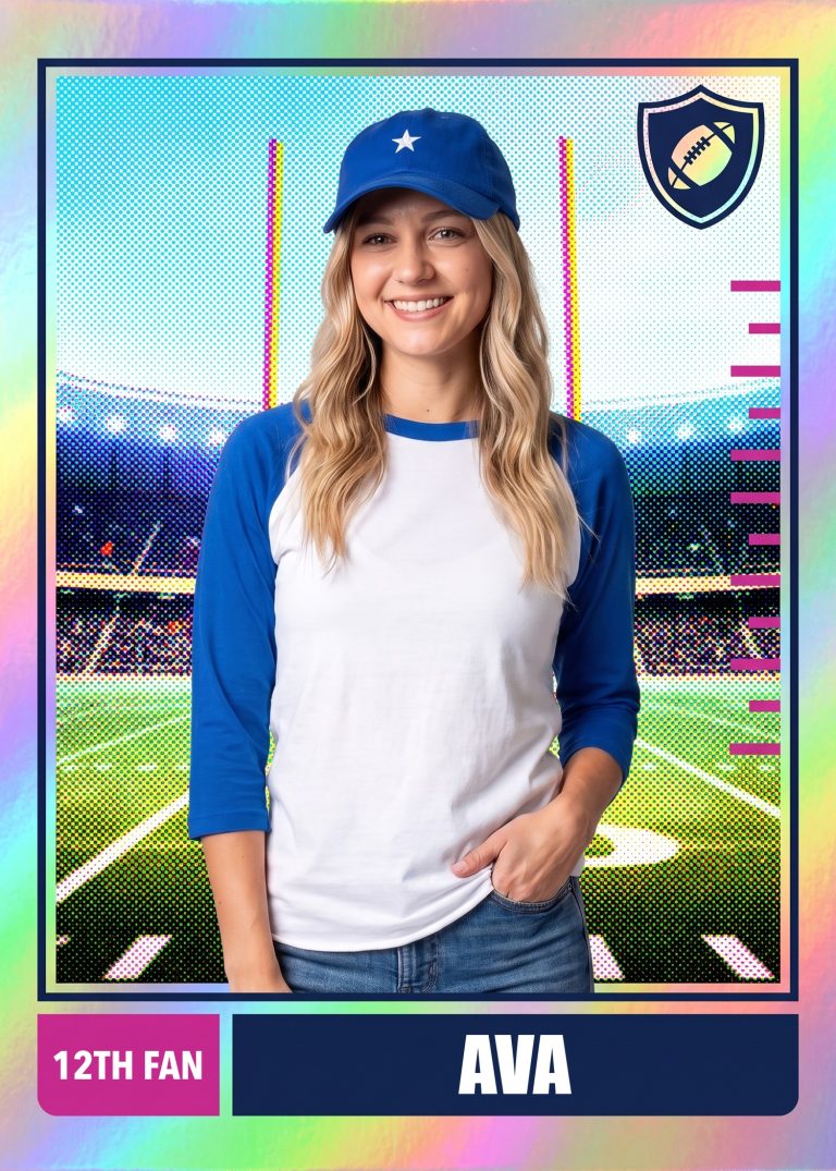 A holographic football card of a woman in a blue and white raglan shirt and blue ballcap standing on a stadium field in front of yellow goalposts
