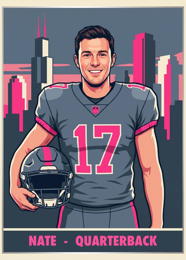 An illustrated football card of a man in a slate and pink uniform, number 17, holding his helmet in front of a stylized city skyline