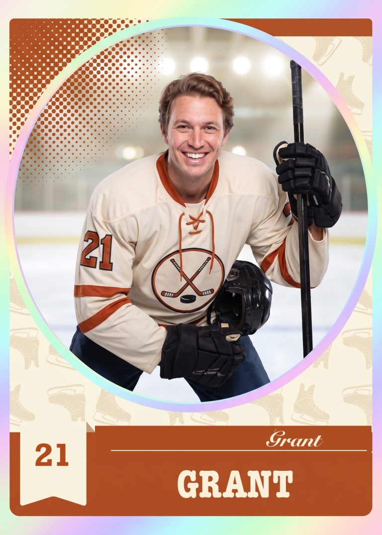 A cream and rust hockey card of a man in a cream sweater, number 21, kneeling on the ice with his stick and helmet inside an oval frame